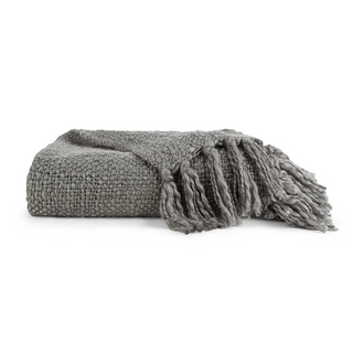 Basketweave Knit Throw Blanket with Fringed Edges