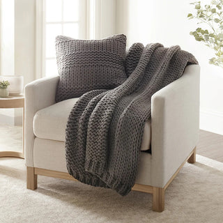 Chunky Knit Home Bundle with Soft Throw Blanket & Decorative Pillow