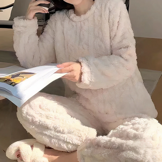 Women's Fleece Pyjama Set with Cable-Knit Warm Wide-Leg Loungewear