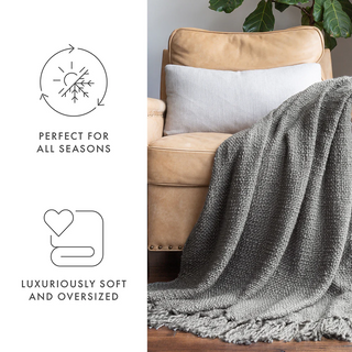 Basketweave Knit Throw Blanket with Fringed Edges