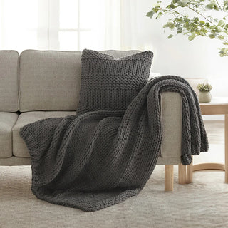 Chunky Knit Home Bundle with Soft Throw Blanket & Decorative Pillow