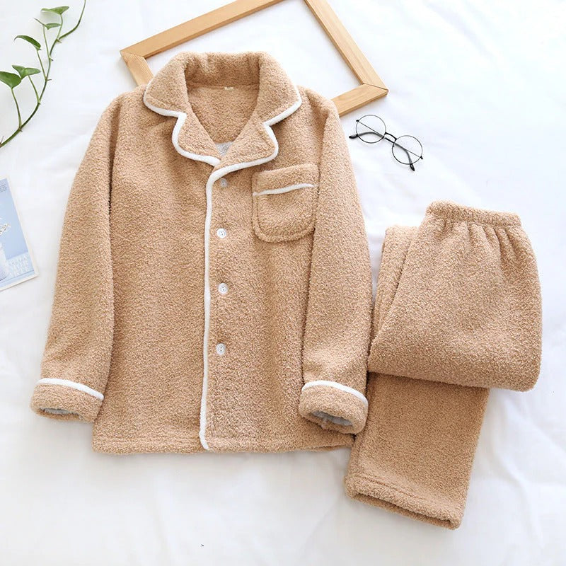 Women's Fleece Pajama Set - Collared Button Top & Elastic Waist Pants