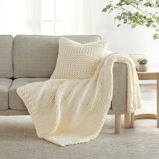 Chunky Knit Home Bundle with Soft Throw Blanket & Decorative Pillow
