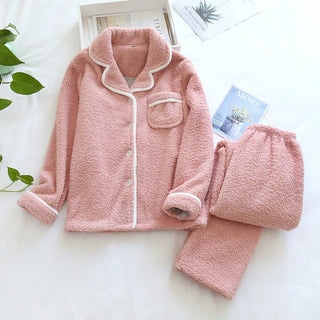 Women's Fleece Pajama Set - Collared Button Top & Elastic Waist Pants