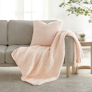 Chunky Knit Home Bundle with Soft Throw Blanket & Decorative Pillow