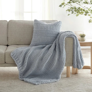 Chunky Knit Home Bundle with Soft Throw Blanket & Decorative Pillow