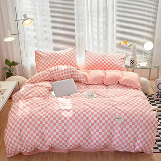 Aesthetic Pink Bedding Set – Soft Checkered Duvet with Pillowcase & Sheet