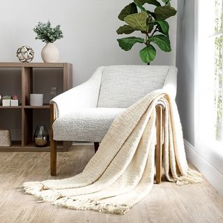 Basketweave Knit Throw Blanket with Fringed Edges